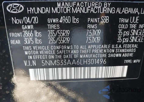 2020 Hyundai Santa Fe Sel 2.0T from USA, damaged, VIN 5NMS33AA6LH301496